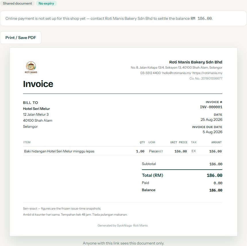 Shared Roti Manis invoice — Hotel Seri Melur, balance RM 186.00, public link with no expiry